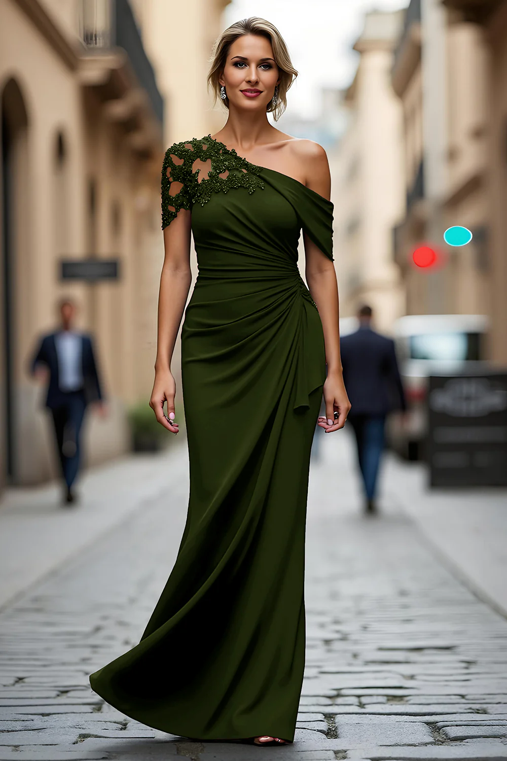 Black One Shoulder Sheath Long Mother of the Bride Dress with Appliques - VNBITS