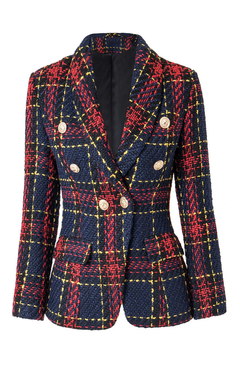 Blue Red Slim Retro Lapel Plaid Women Blazer - VNBITS