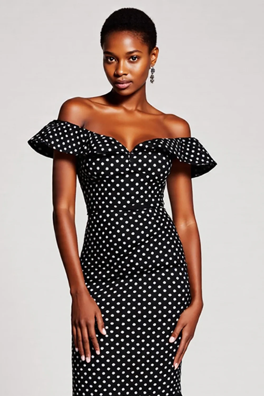 Black and White Mermaid Off the Shoulder Maxi Polka Dot Dress - VNBITS