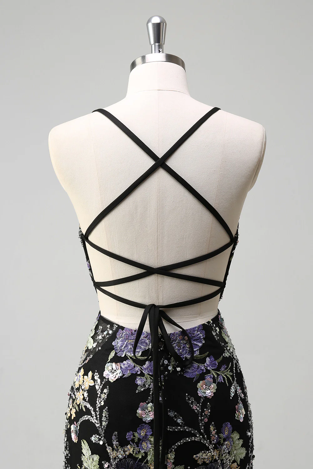 Sparkly Black Floral Mermaid Lace-Up Back Long Prom Dress - VNBITS