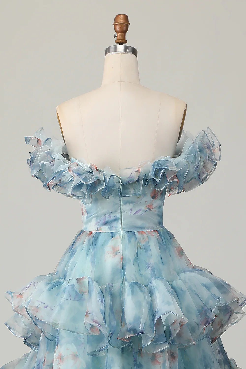 Floral Blue Off the Shoulder A Line Long Prom Dress with Ruffled - VNBITS