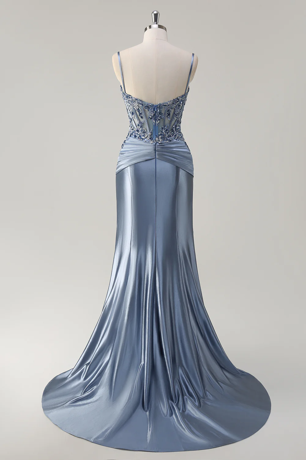Grey Blue Floral Mermaid Spaghetti Straps Long Prom Dress with Appliques - VNBITS