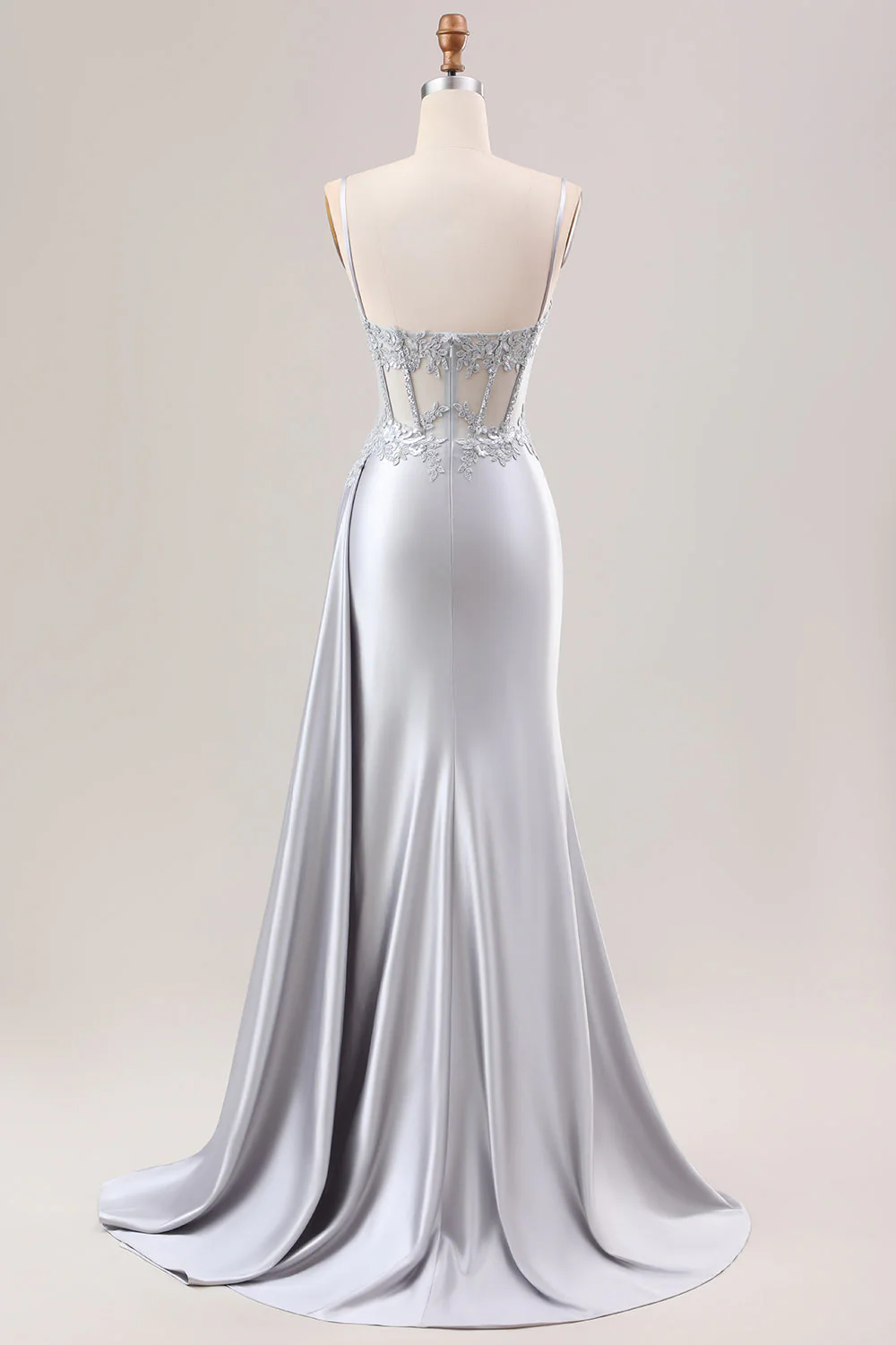 Silver Mermaid Pleated Sheer Long Corset Satin Prom Dress With Slit - VNBITS