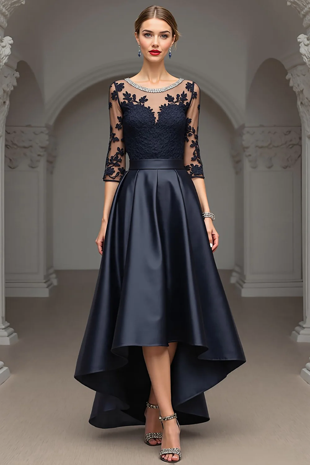 Navy A Line Long Satin Mother of the Bride Dress with Lace - VNBITS