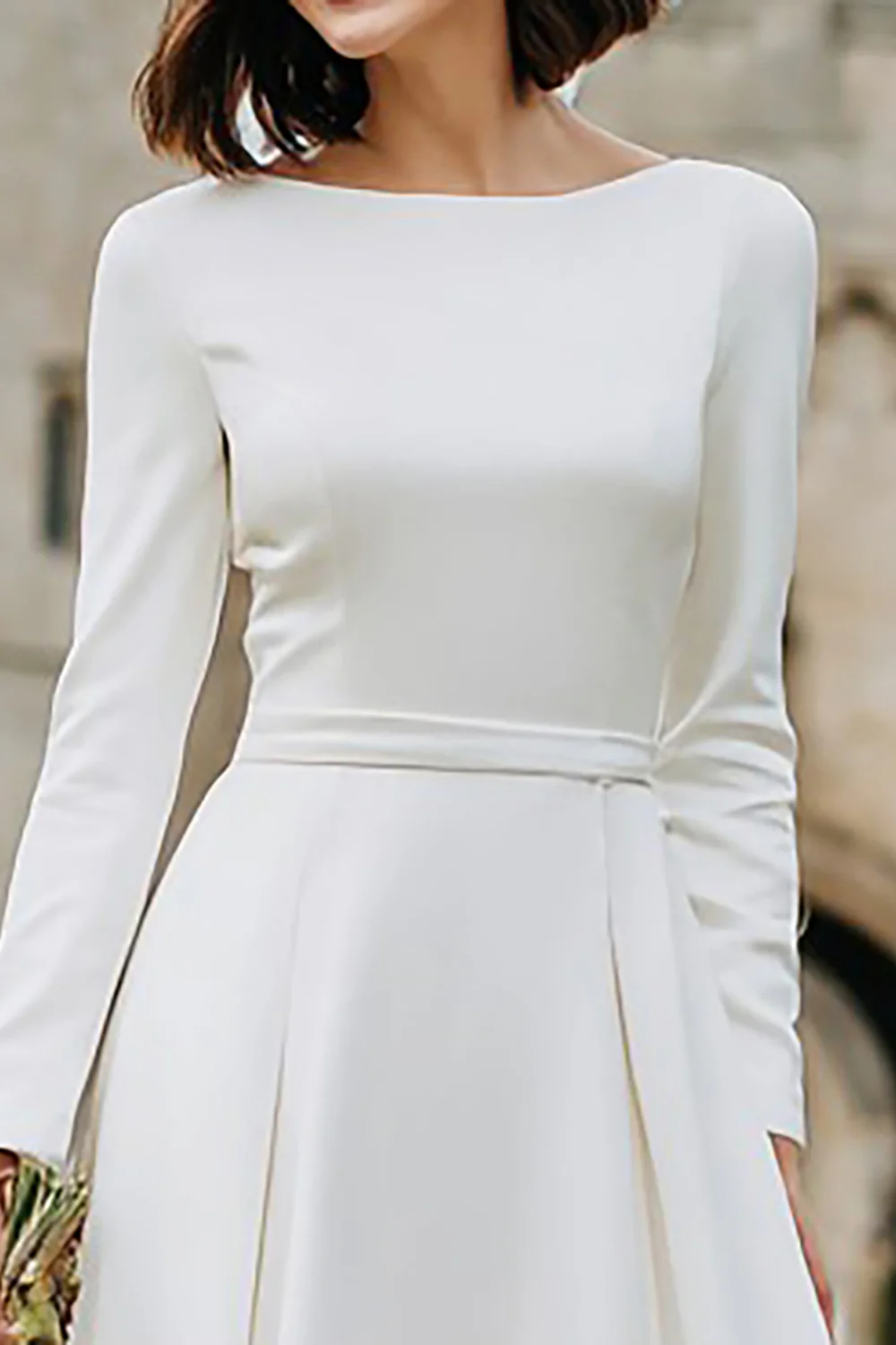 Ivory Boat Neck A Line Long Engagement Dress with Sleeves - VNBITS