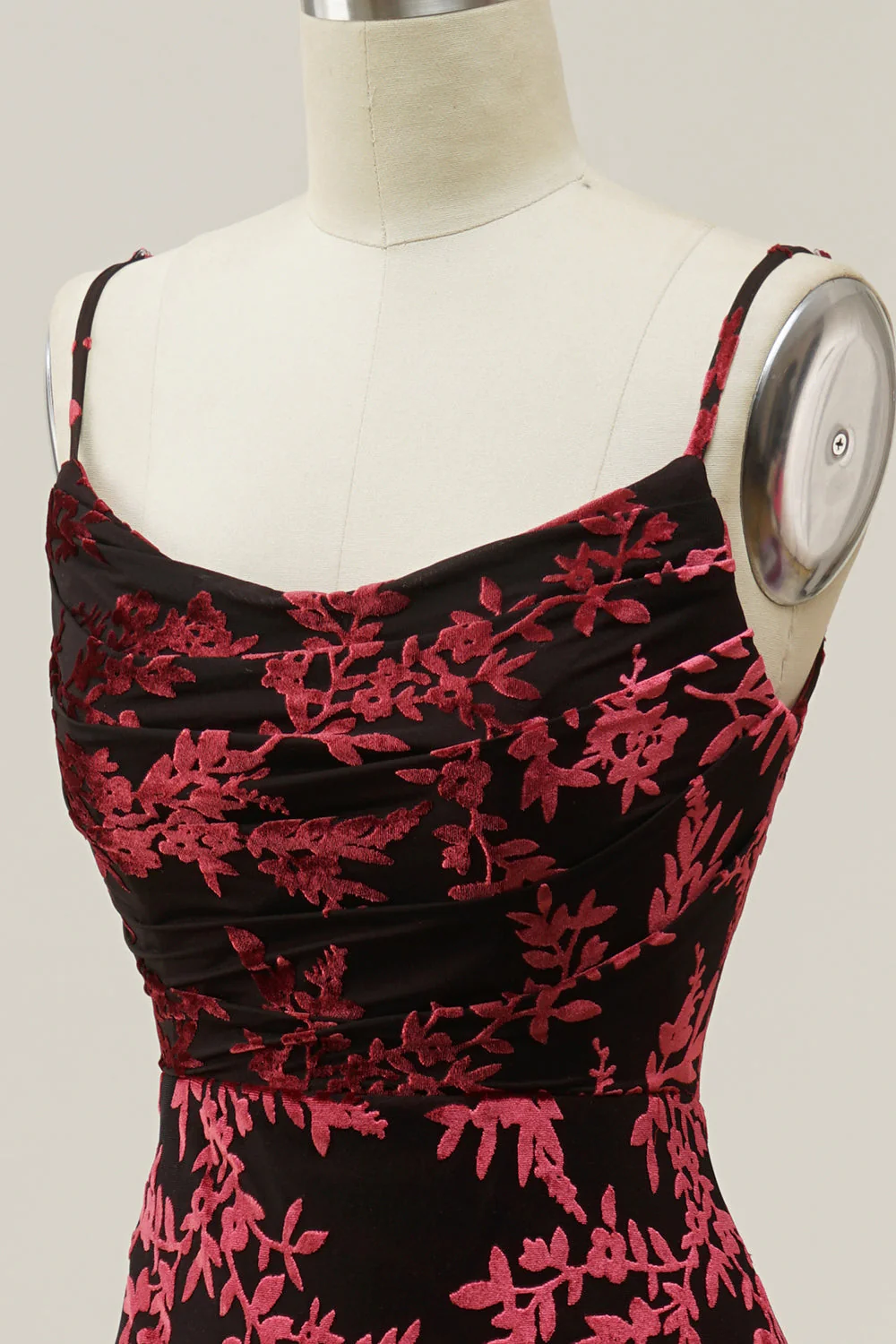 Sheath Spaghetti Straps Burgundy Printed Velvet Long Prom Dress with Silt - VNBITS