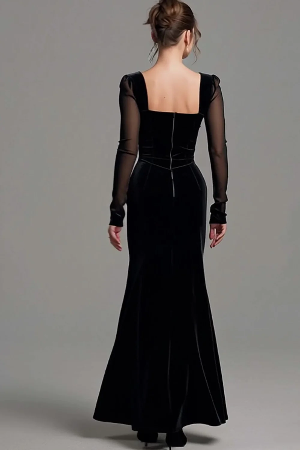 Black Sheath Velvet Square Neck Holiday Party Dress with Slit - VNBITS