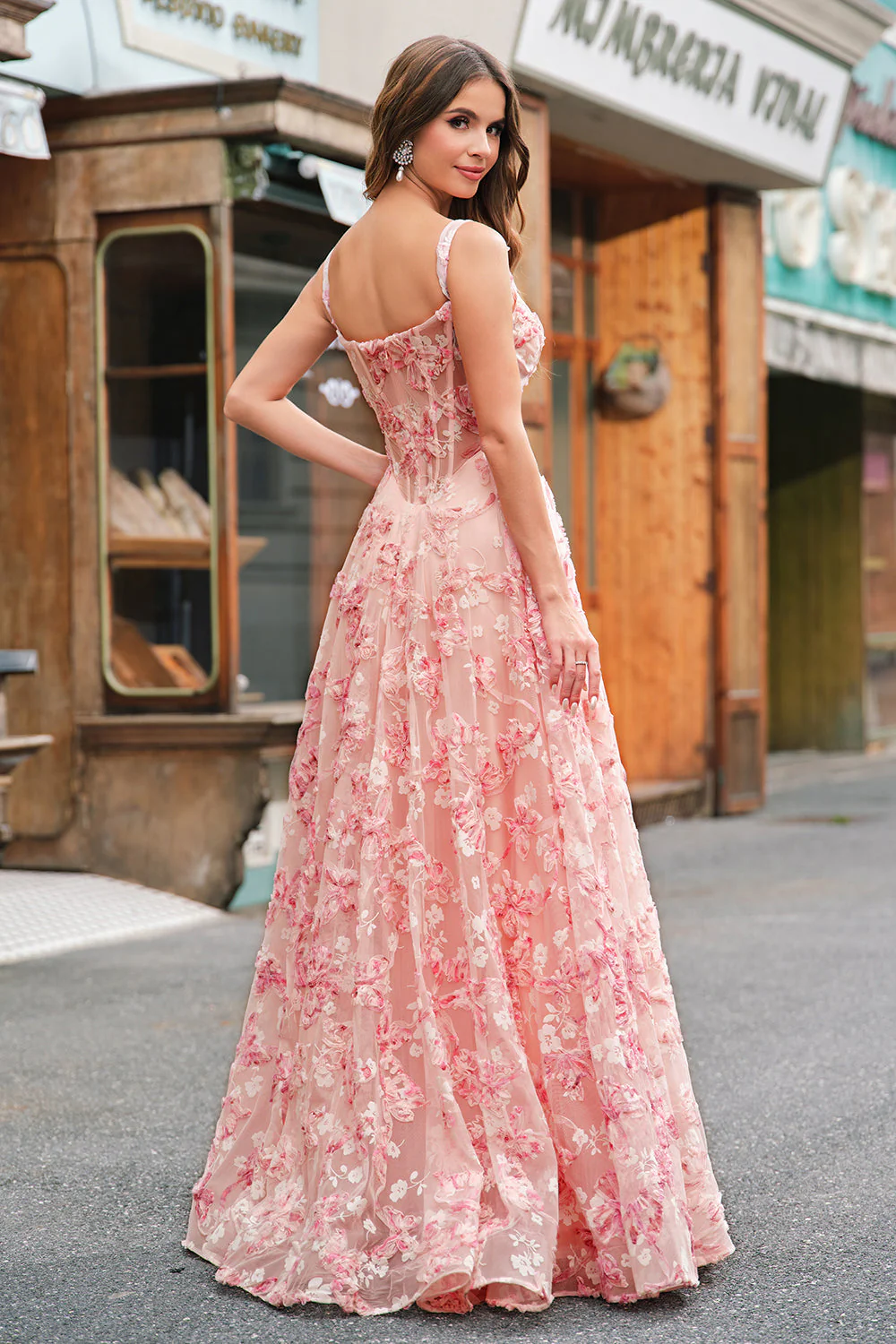 Pink Floral A-Line Off The Shoulder Long Prom Dress with Slit - VNBITS