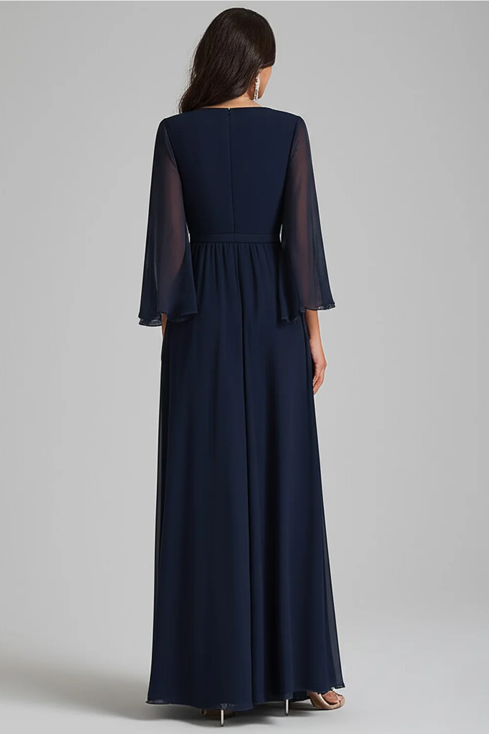 Navy V-Neck Chiffon Long Formal Dress with Half Sleeves - VNBITS