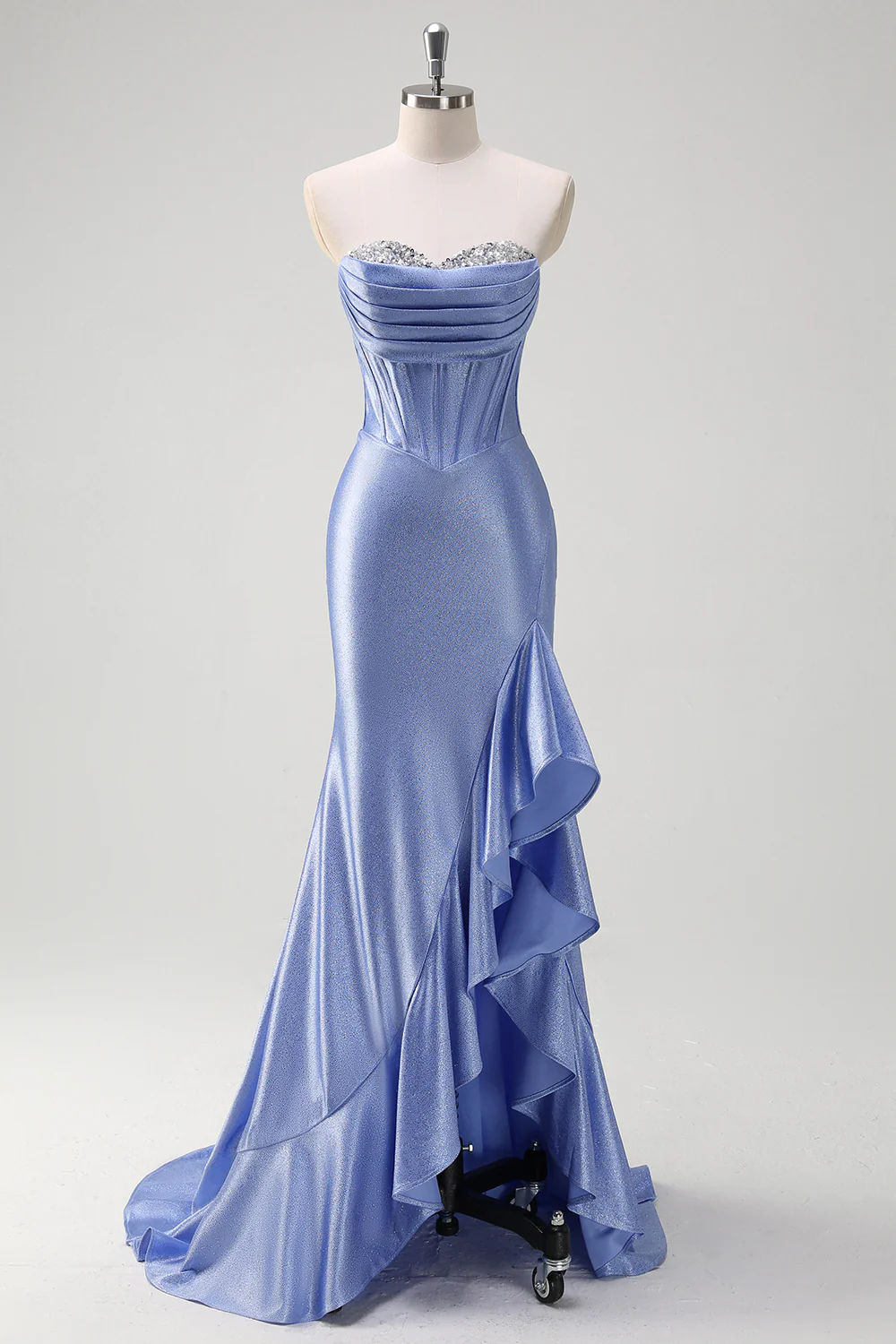 Sparkly Grey Blue Sweetheart Mermaid Long Prom Dress with Ruffles - VNBITS