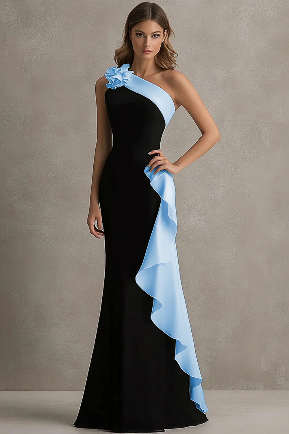 Black and Blue One Shoulder Long Formal Dress with Ruffles - VNBITS