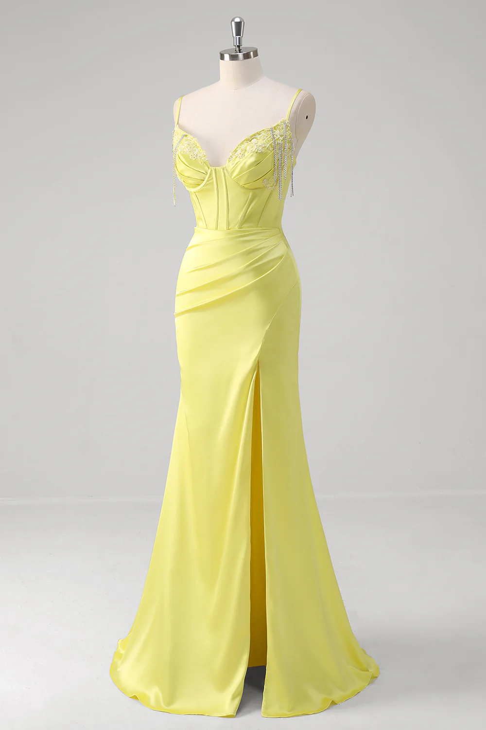 Yellow Mermaid Beaded Applique Spaghetti Straps Long Prom Dress with Slit - VNBITS