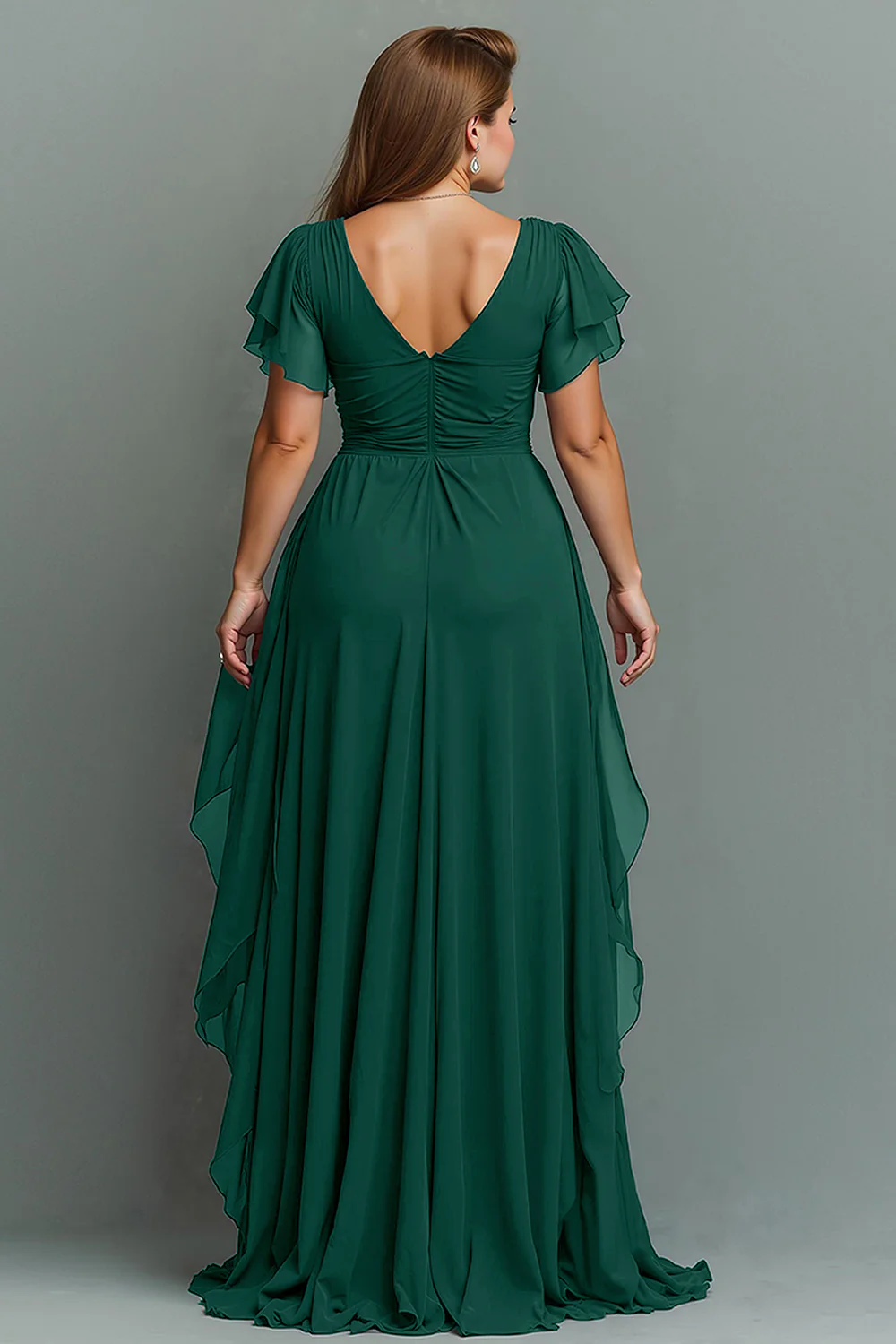 Navy Chiffon V-Neck Ruched Long  with Ruffles - VNBITS