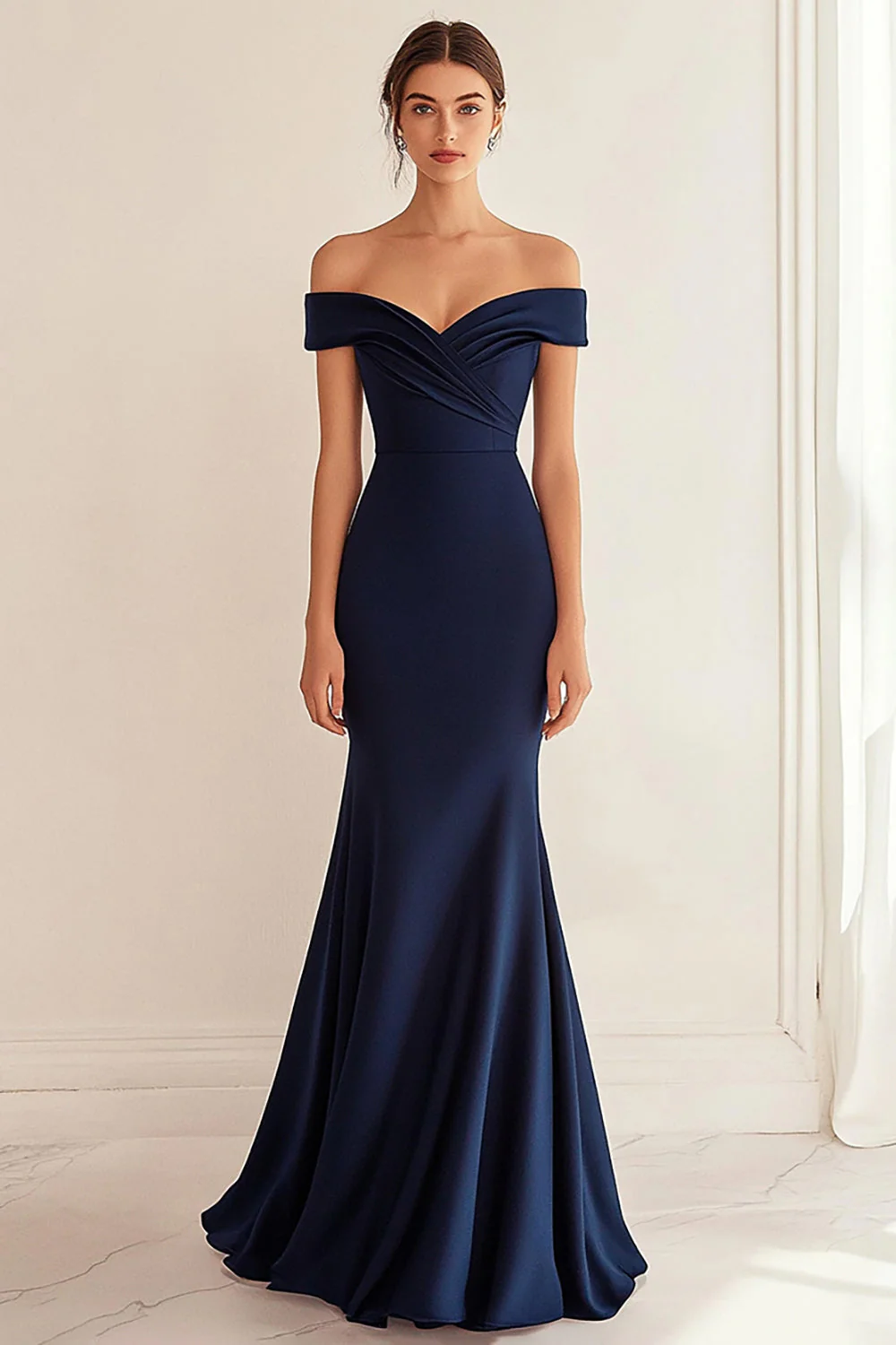 Navy Satin Off the Shoulder Sheath Long Formal Dress - VNBITS
