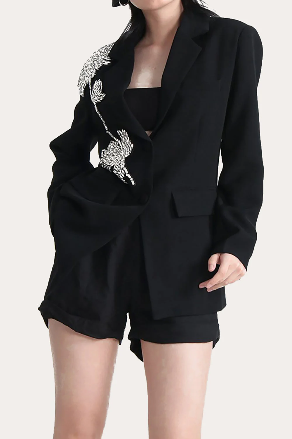 Sparkly Black Beaded Notched Lapel Women Prom Blazer - VNBITS