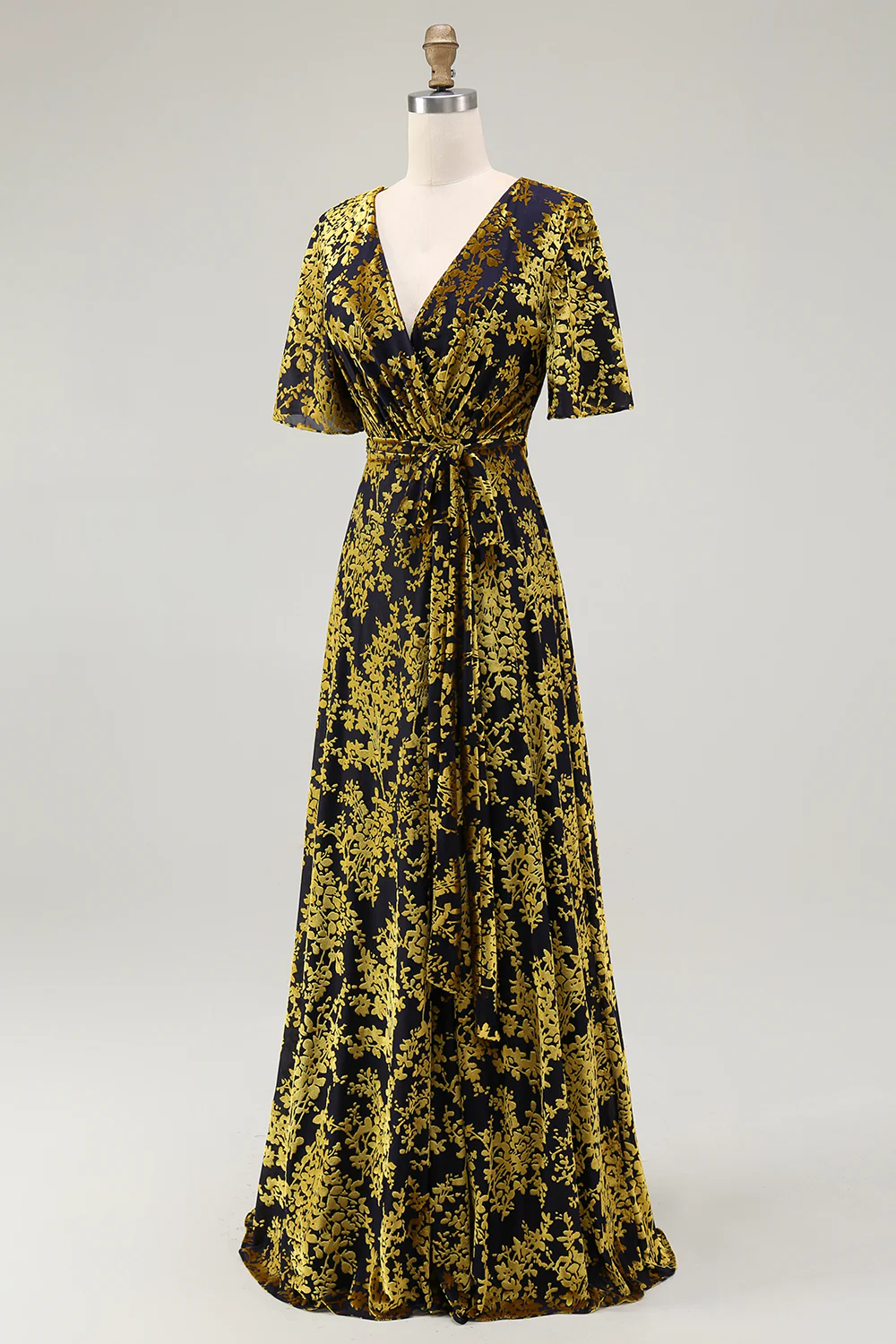 Golden Purple Velvet Burnout V-Neck A-Line Long Wedding Guest Dress - VNBITS