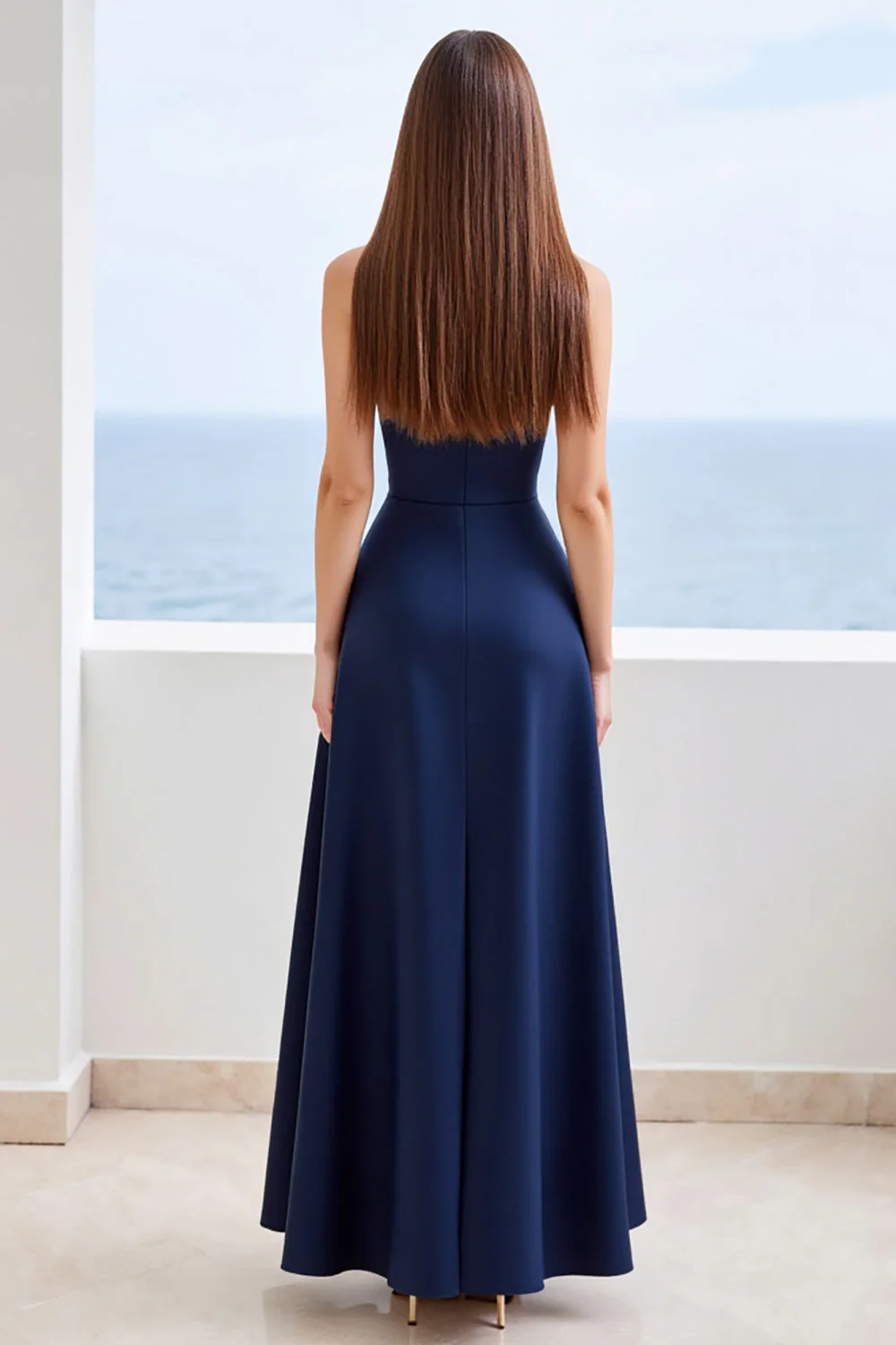 Navy A Line Strapless Long Satin Formal Dress with Slit - VNBITS