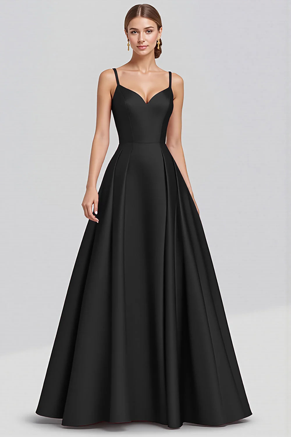 Black Satin A Line Spaghetti Straps Long Formal Dress - VNBITS
