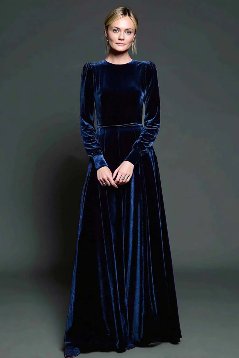 Simple Dark Purple Velvet A Line Long Holiday Party Dress with Sleeves - VNBITS