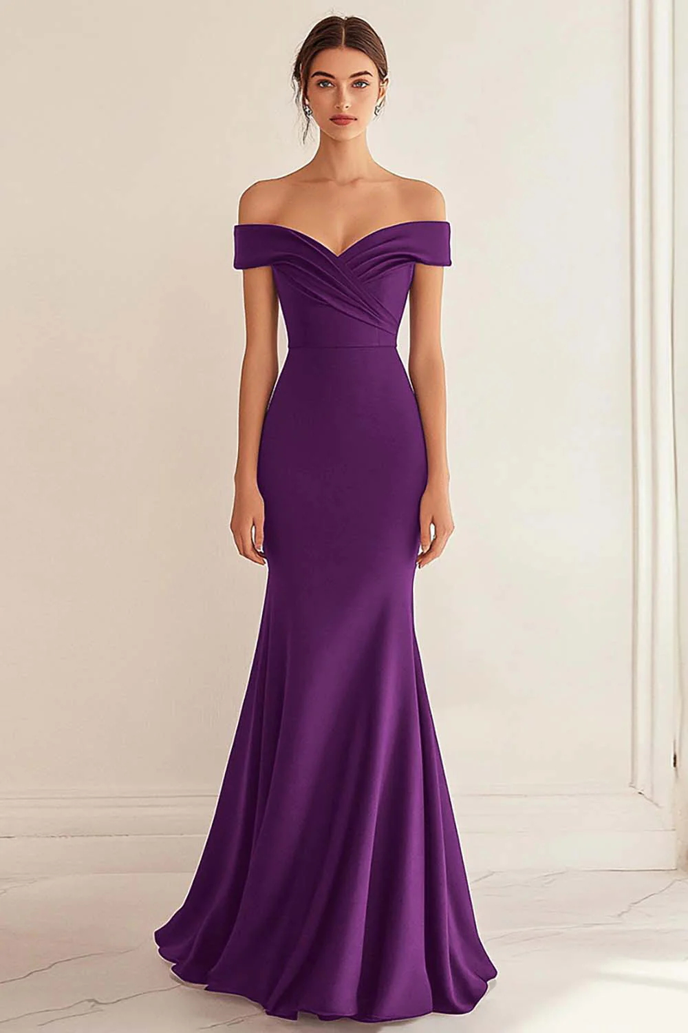 Navy Satin Off the Shoulder Sheath Long Formal Dress - VNBITS