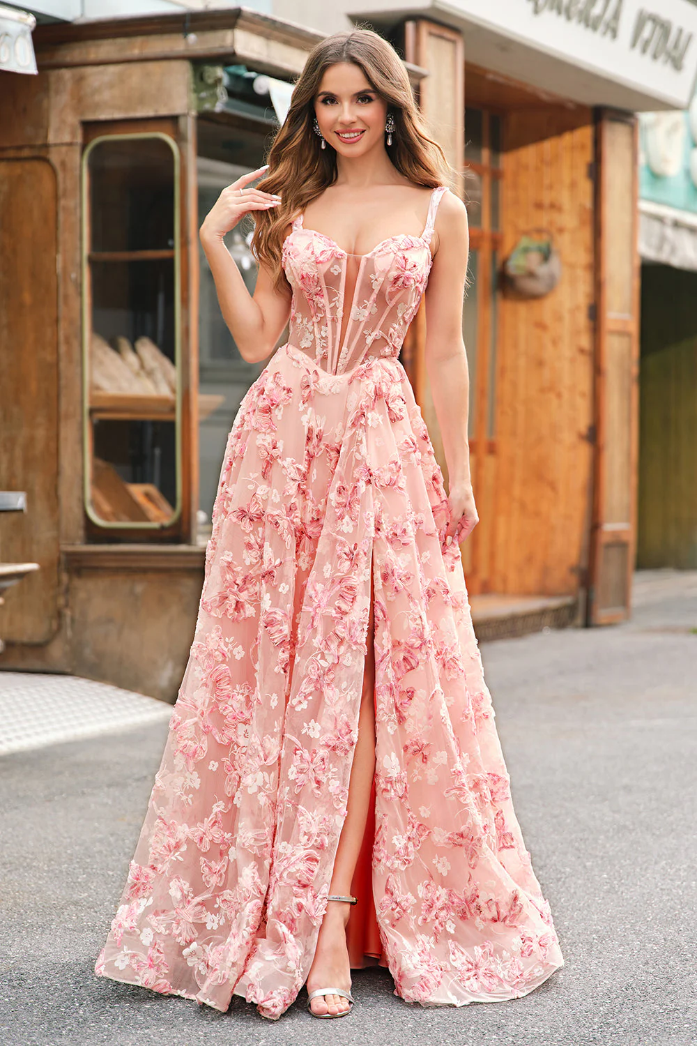 Pink Floral A-Line Off The Shoulder Long Prom Dress with Slit - VNBITS
