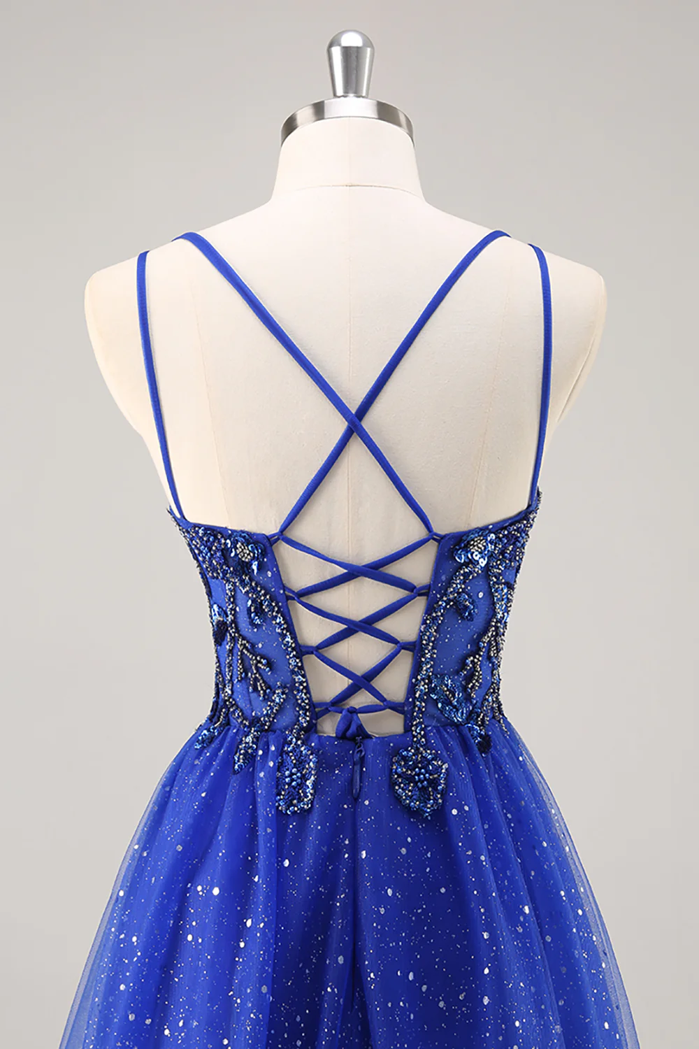Sparkly Royal Blue Beaded Corset V-Neck Long Prom Dress with Slit - VNBITS