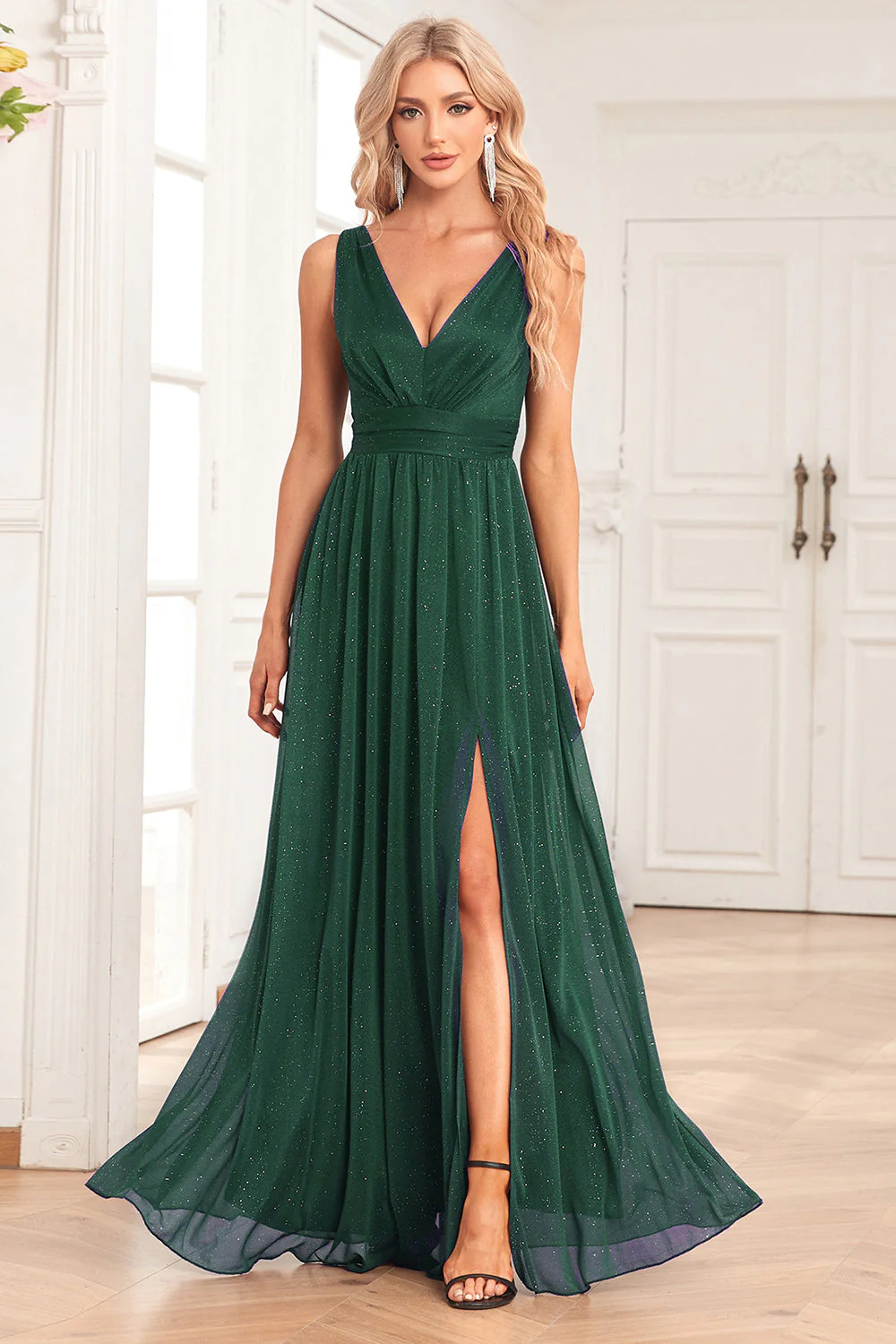 A-Line Sparkly V-Neck Dark Green Prom Dress with Slit - VNBITS