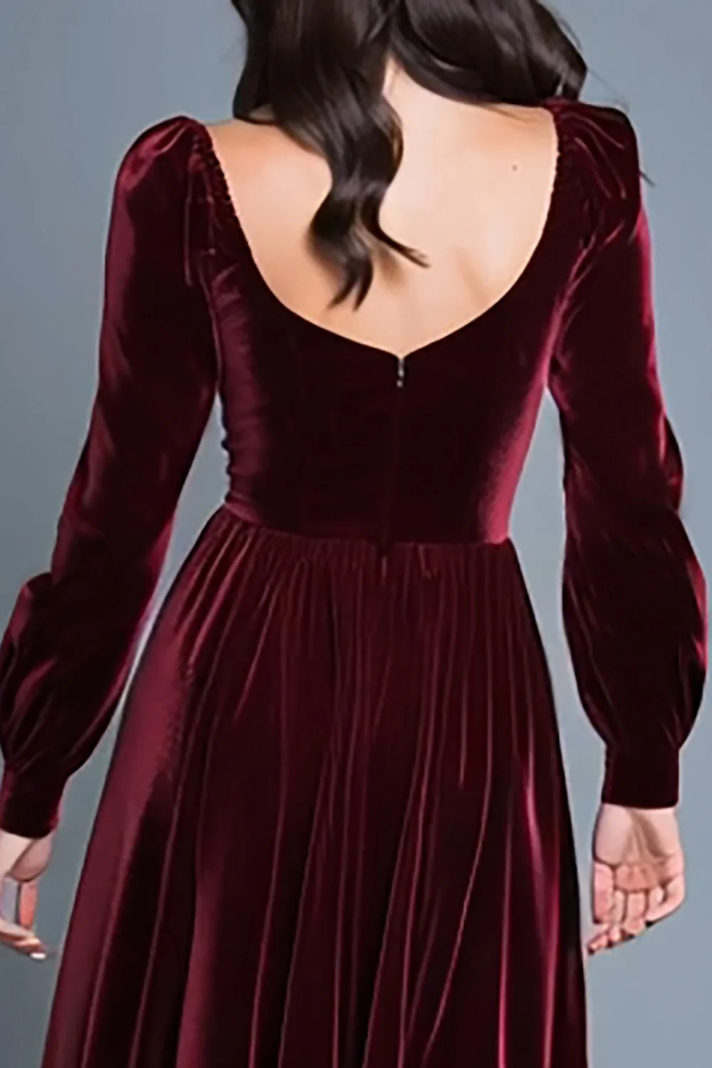 Burgundy Long Sleeves A-Line Velvet Long Holiday Party Dress with Slit - VNBITS
