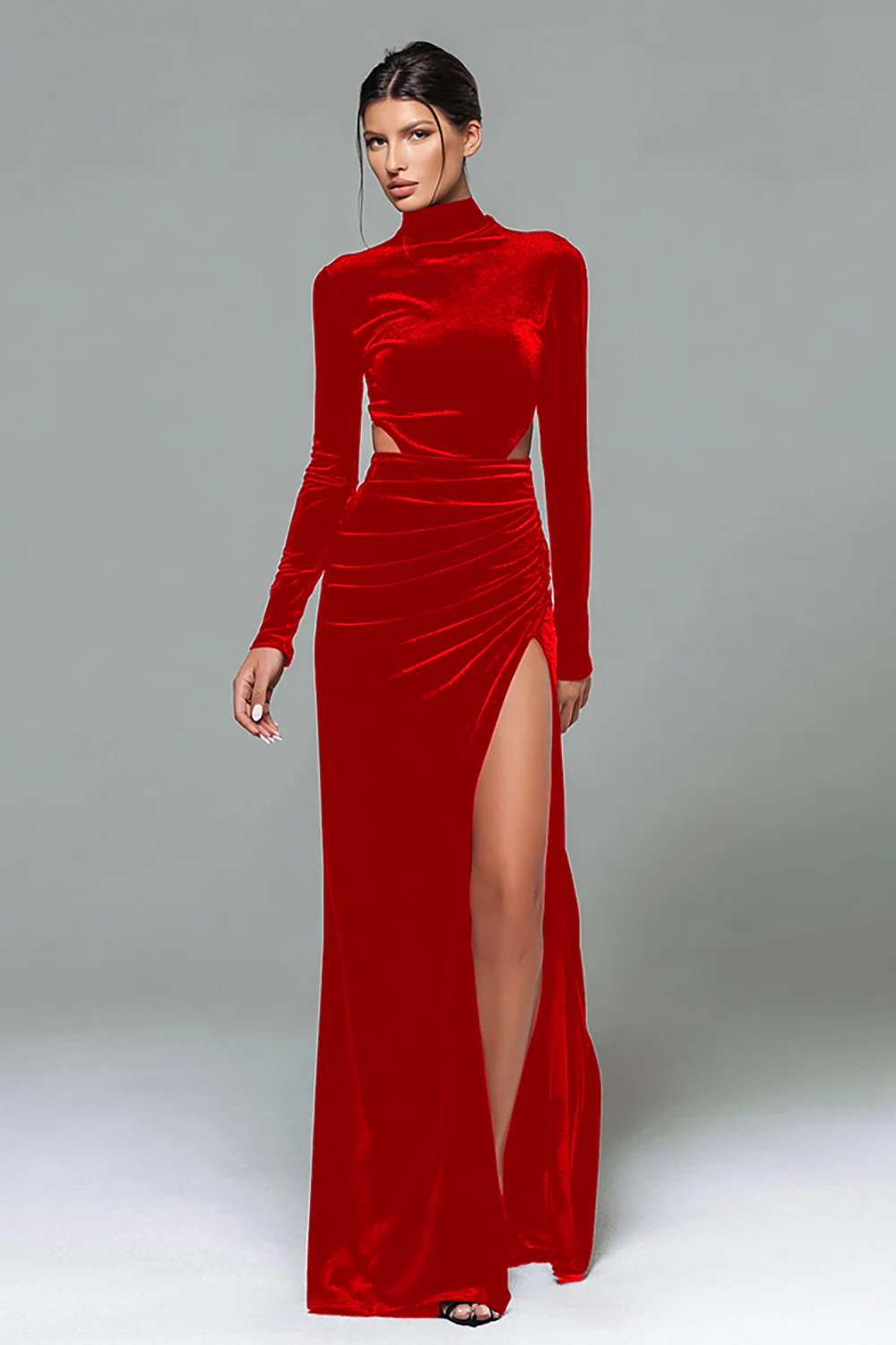 Black Velvet High Neck Sheath Long Sleeves Holiday Party Dress with Slit - VNBITS