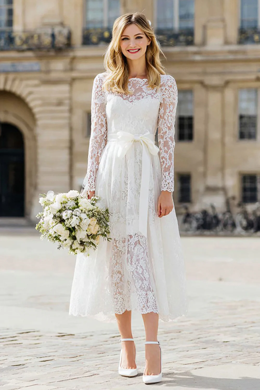 Ivory Lace A Line Long Wedding Dress with Sleeves - VNBITS