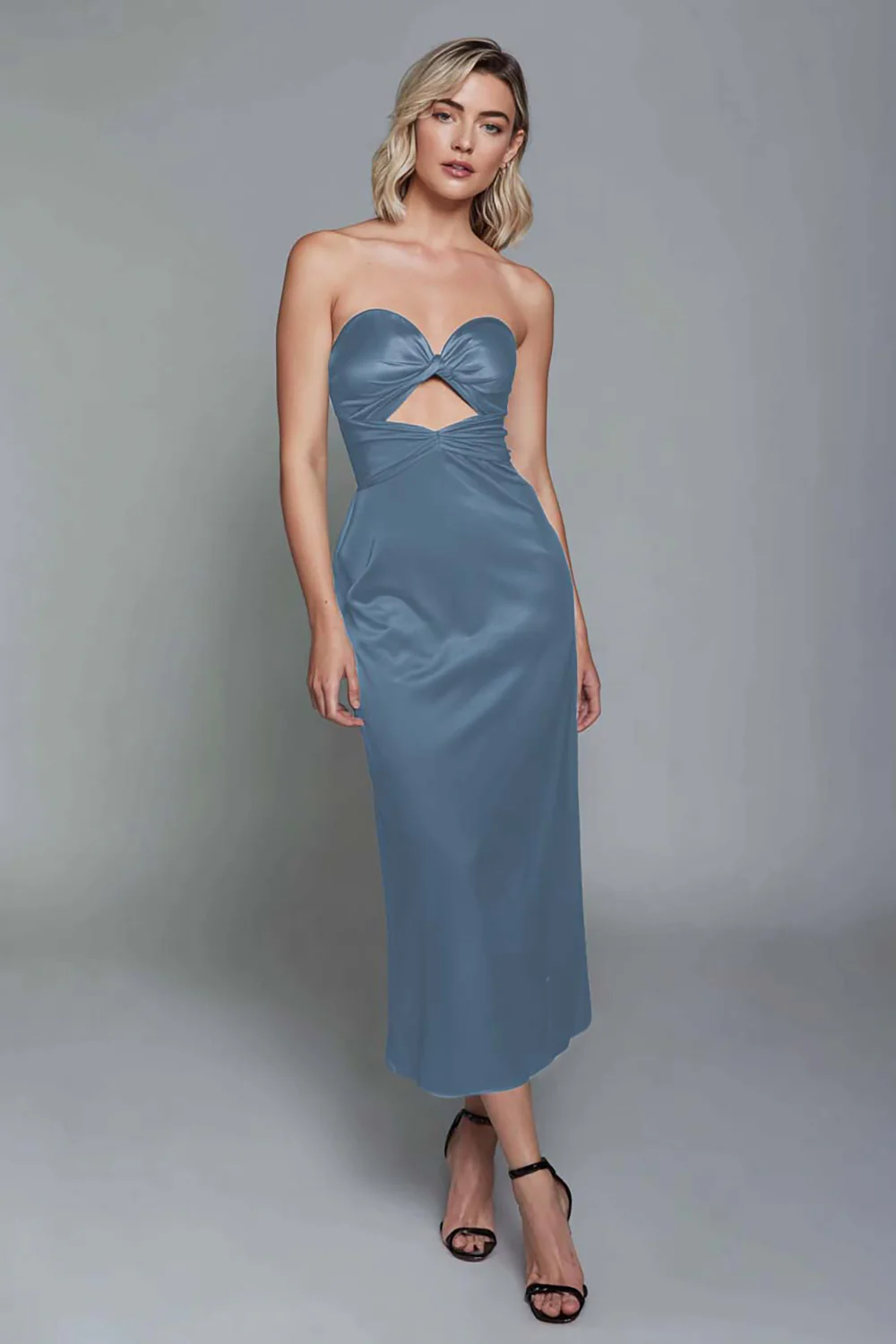 Dusty Blue Sweetheart Sheath Cut Out Satin Ankle Length Formal Dress - VNBITS