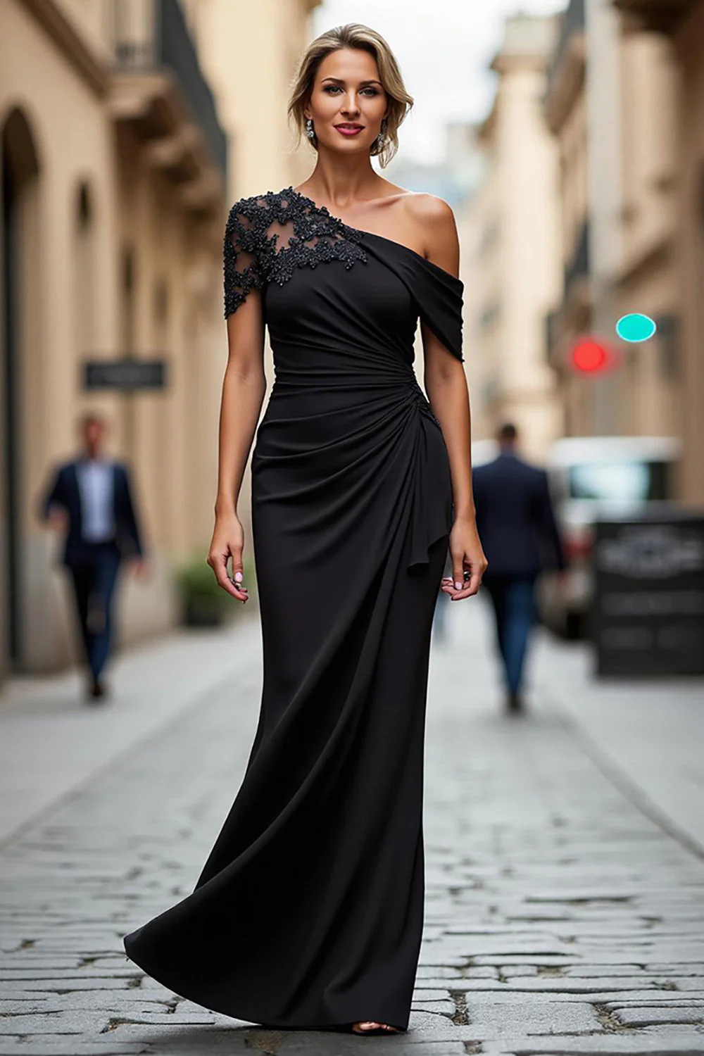 Black One Shoulder Sheath Long Mother of the Bride Dress with Appliques - VNBITS