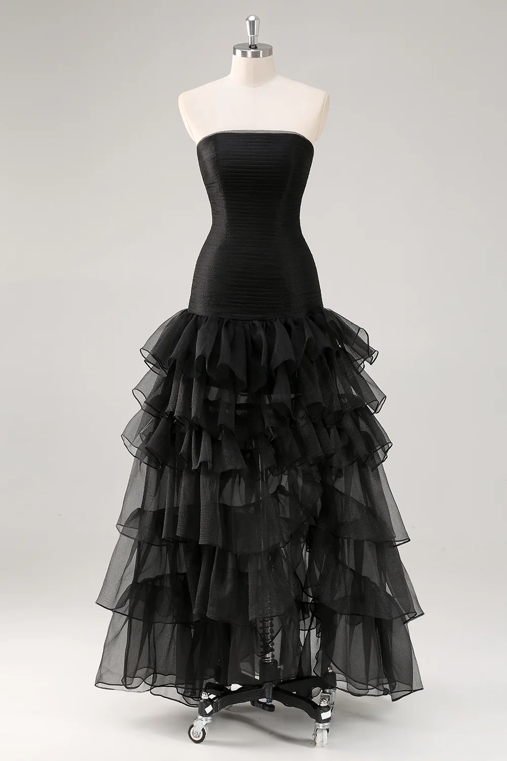 A Line Black Strapless Tiered Formal Dress with Slit - VNBITS