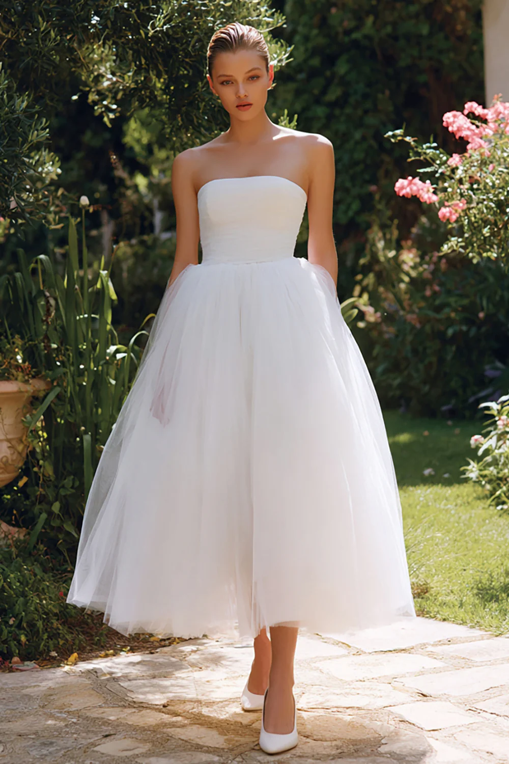White A Line Tulle Strapless Long Engagement Dress - VNBITS