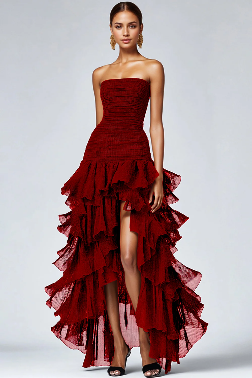 A Line Black Strapless Tiered Formal Dress with Slit - VNBITS