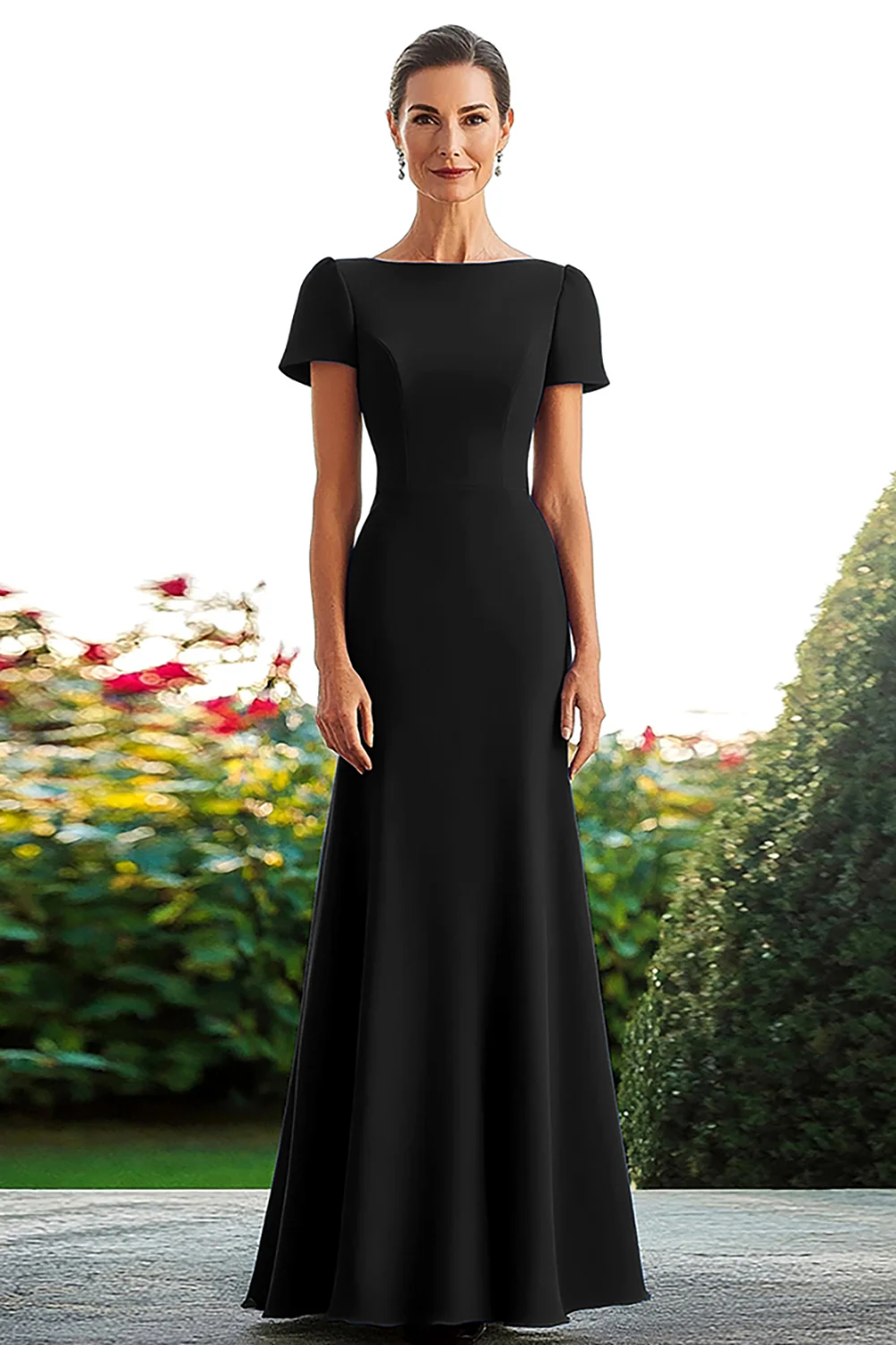 Satin Royal Blue Sheath Long Mother of the Bride Dress with Short Sleeves - VNBITS