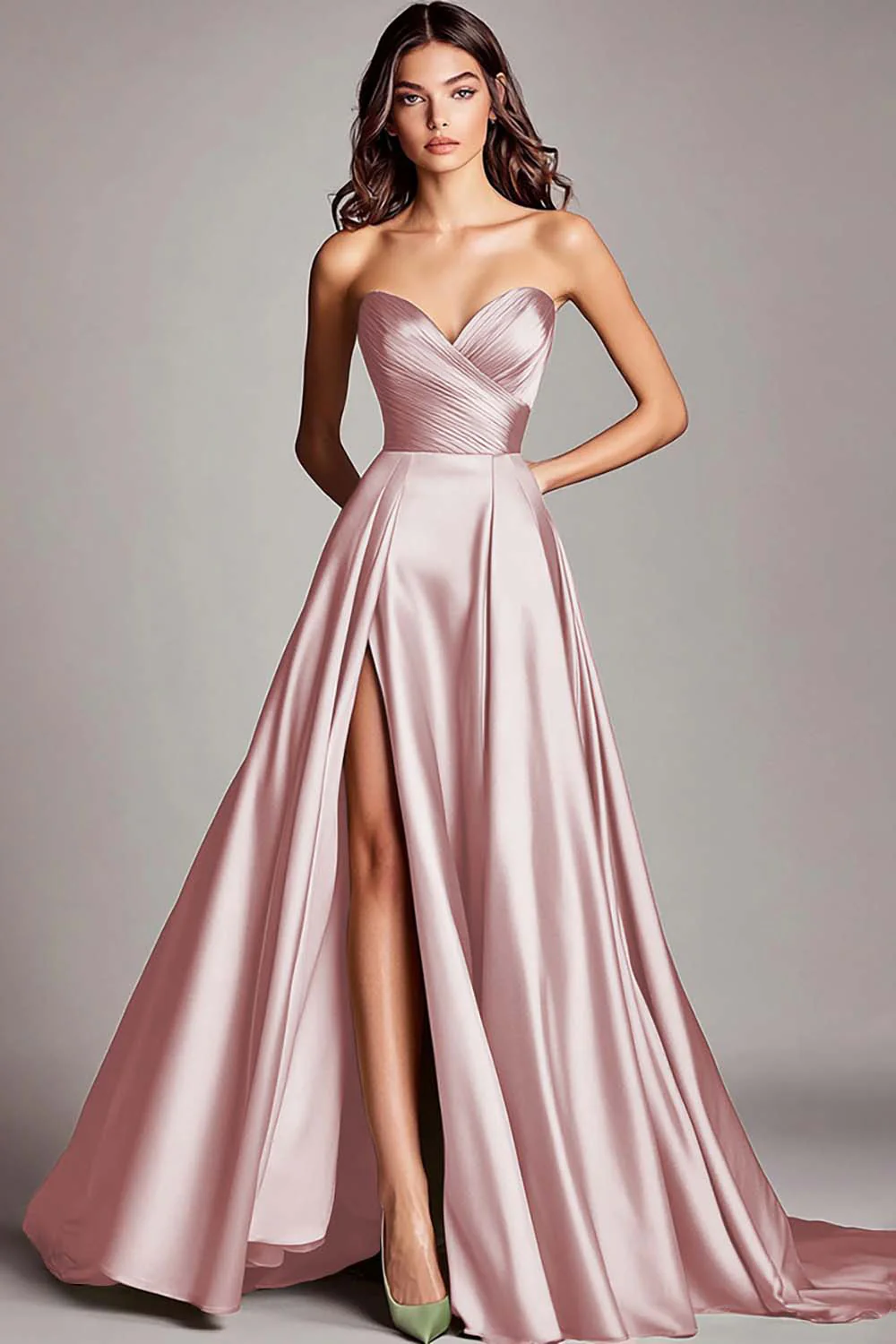 Dusty Blue Satin A Line Strapless Ruched Long Prom Dress with Slit - VNBITS