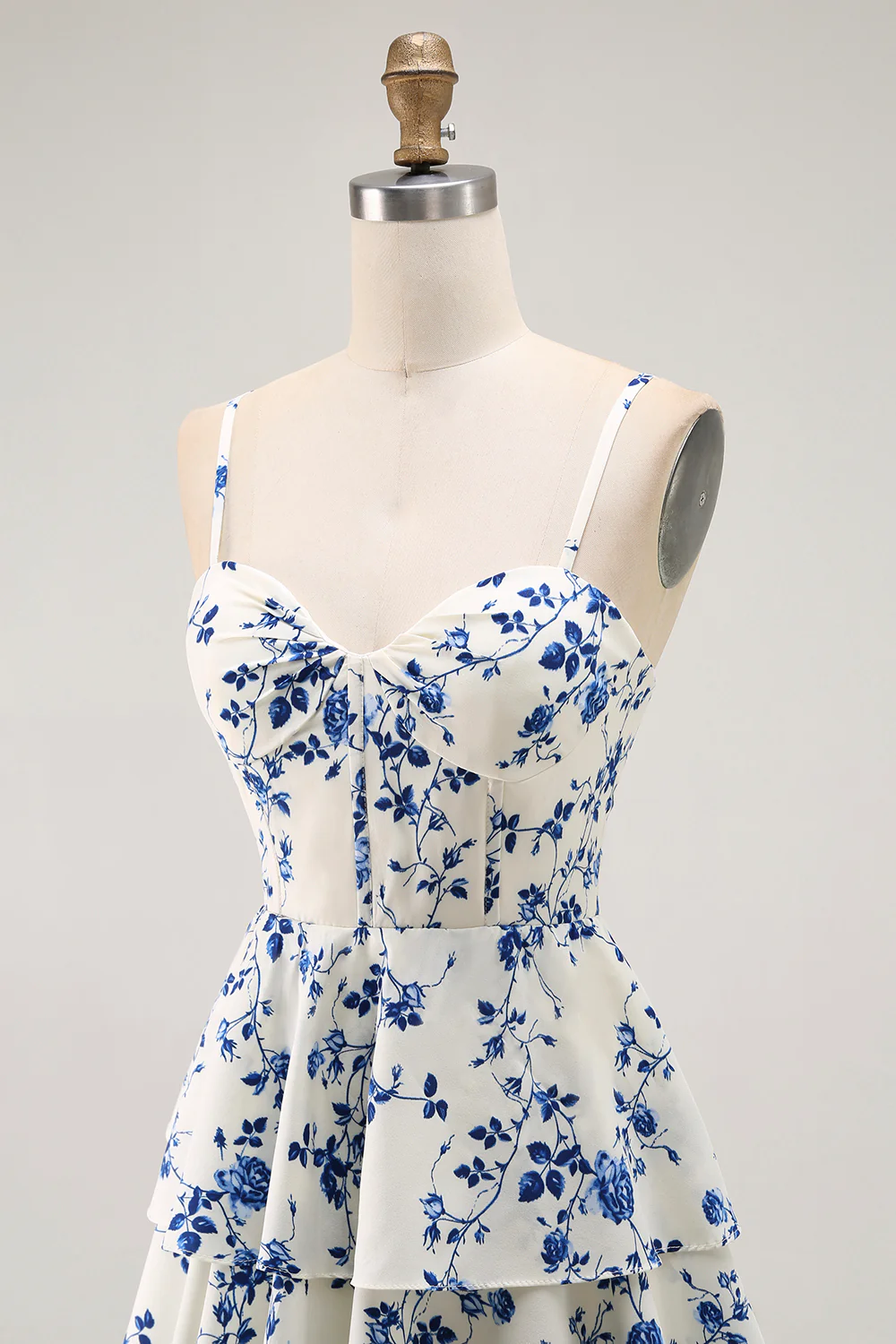 Blue Floral Tiered A Line Ruffled Long Prom Dress with Slit - VNBITS