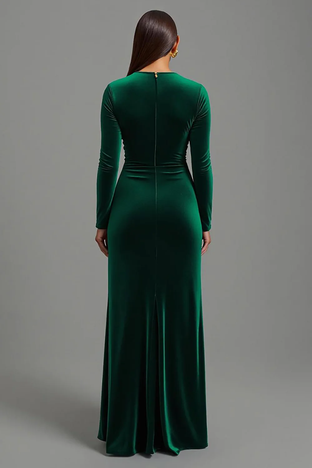 Dark Green Round Neck Velvet Long Holiday Party Dress with Slit - VNBITS