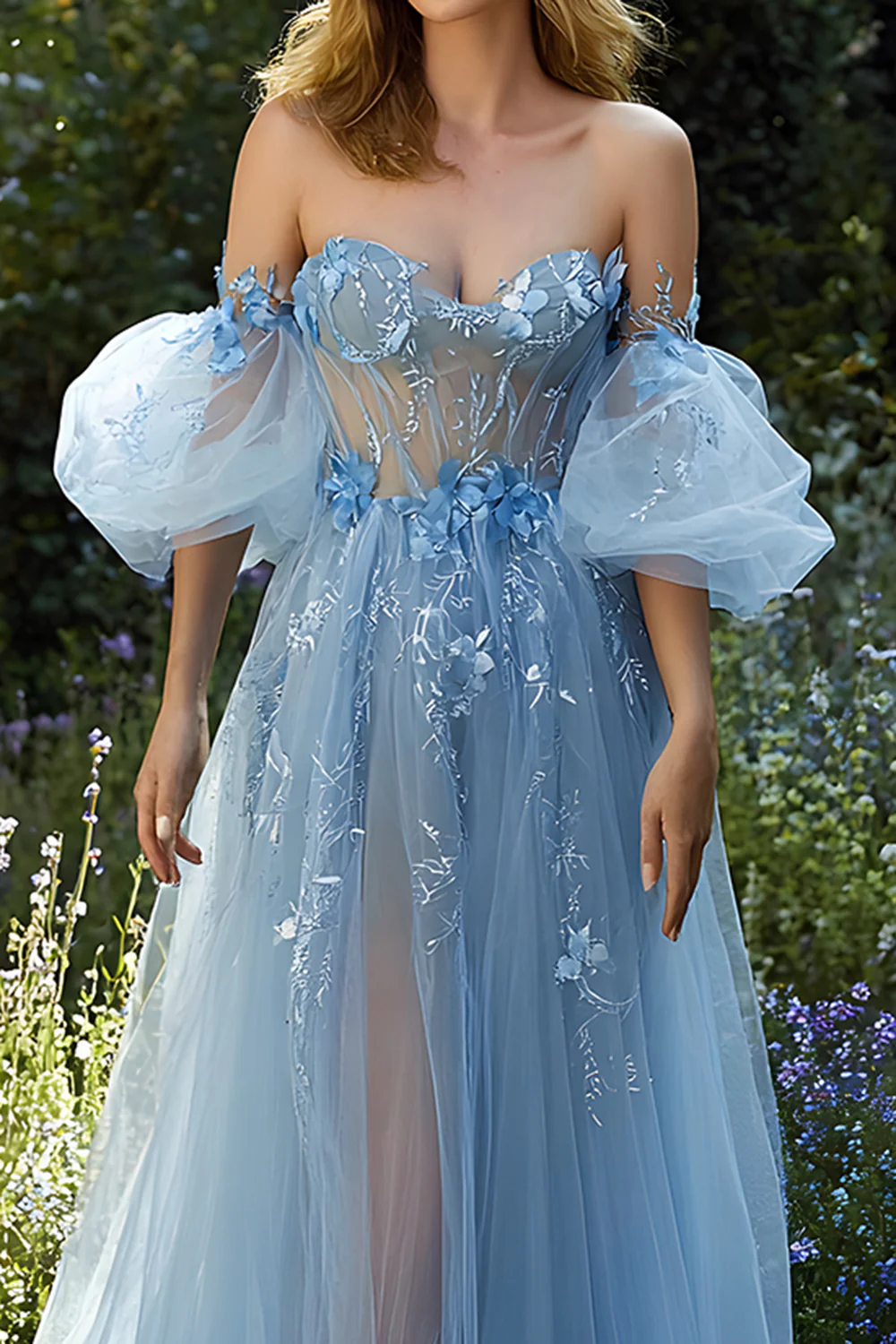 Light Blue Floral A Line Off the Shoulder Long Prom Dress - VNBITS