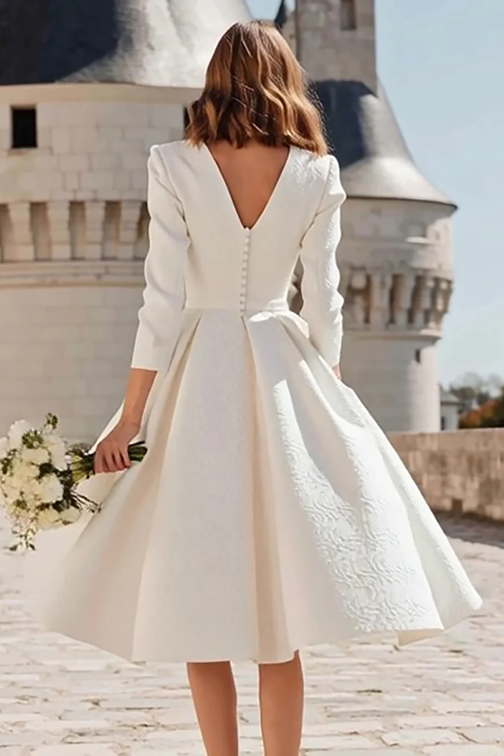Simple Ivory A Line V-Neck Midi Engagement Dress with Sleeves - VNBITS