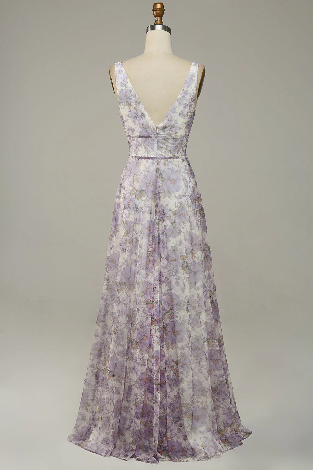 Iovry Purple Printed V-Neck Prom Dress With Slit - VNBITS