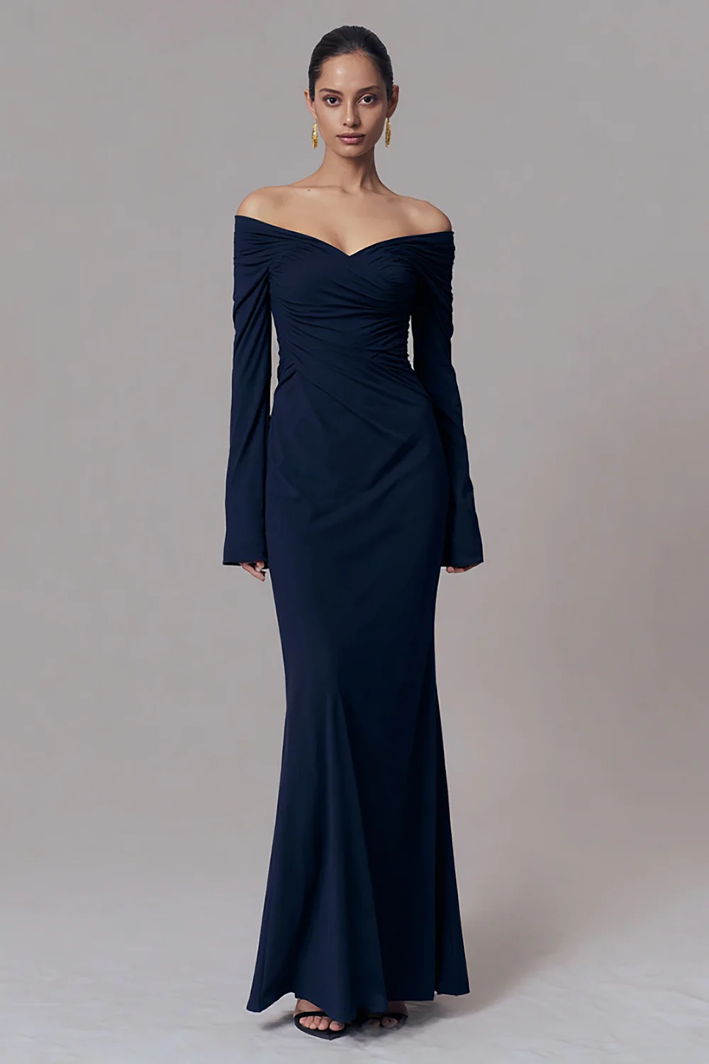 Simple Navy Mermaid Ruched Long Sleeves Formal Dress - VNBITS