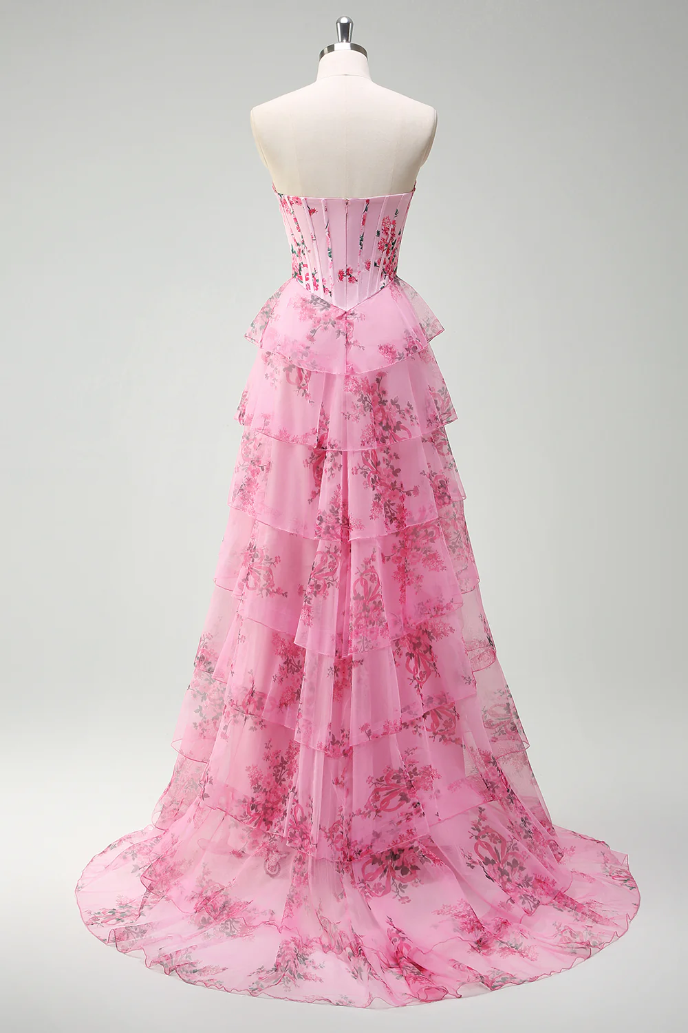Blush Floral A-Line Tiered Sweetheart Long Prom Dress with Slit - VNBITS