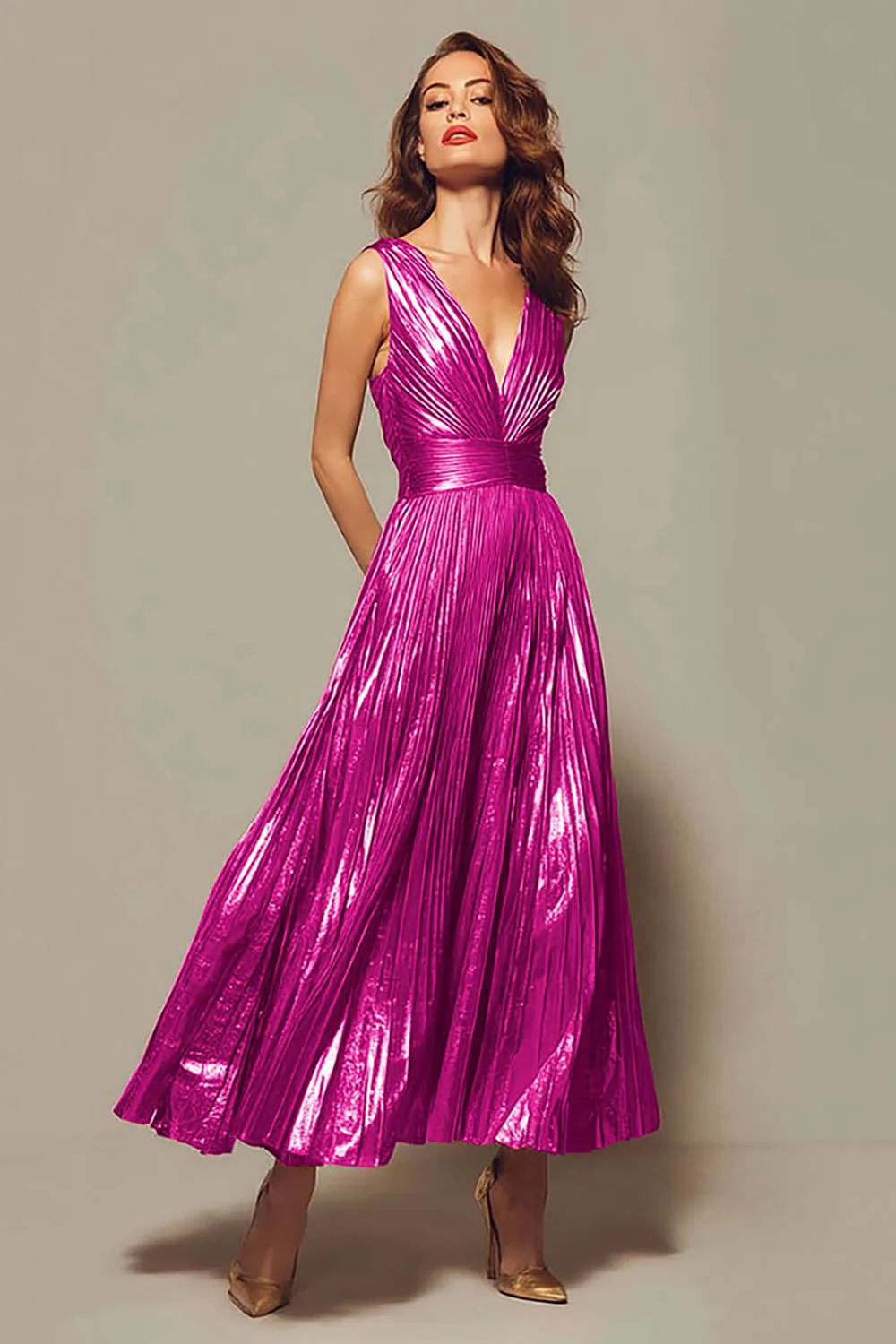 Sparkly Gold Metallic Pleated V-Neck A-Line Long Formal Dress - VNBITS