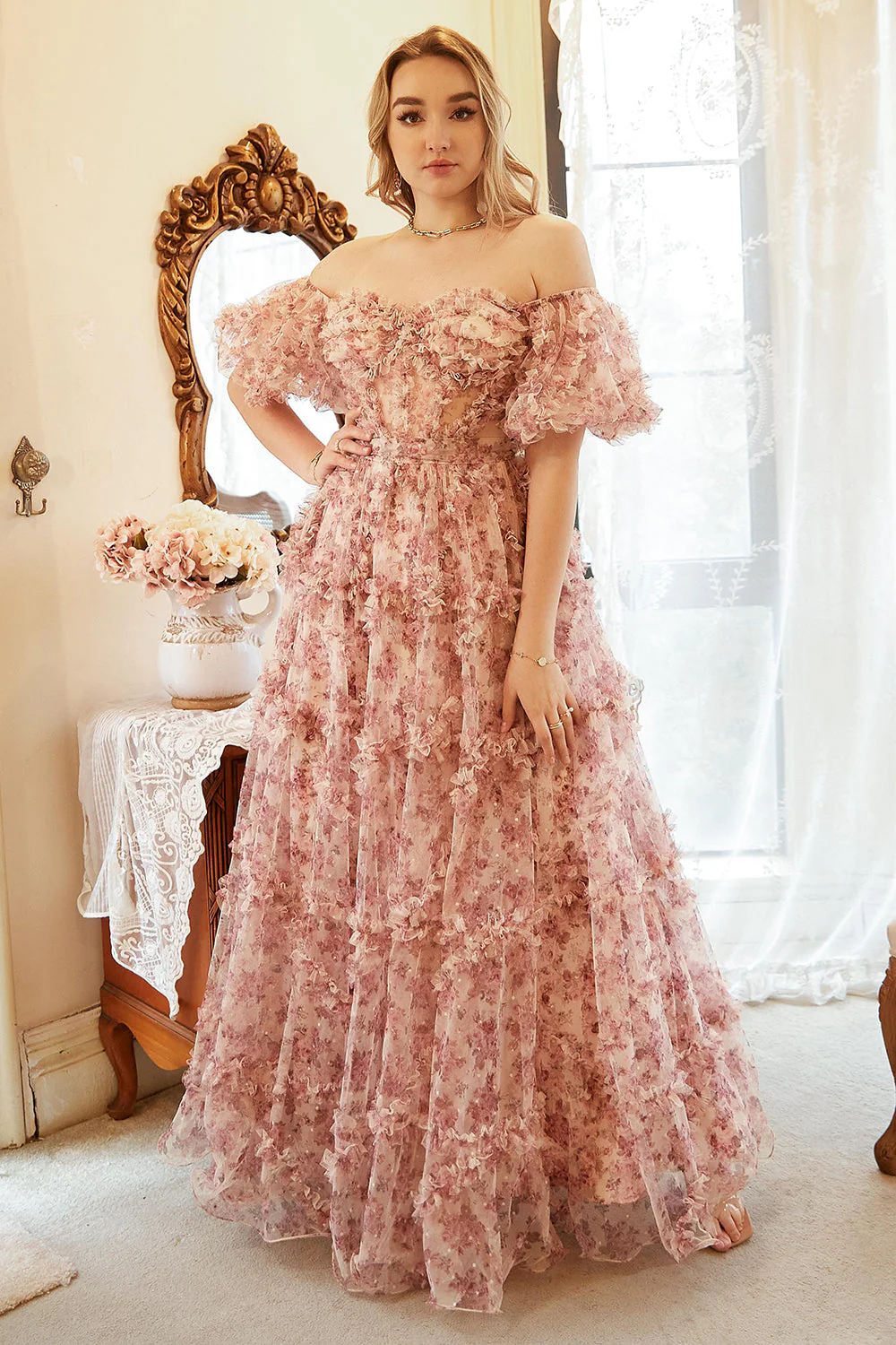A Line Off the Shoulder Ivory Red Flower Plus Size Prom Dress - VNBITS