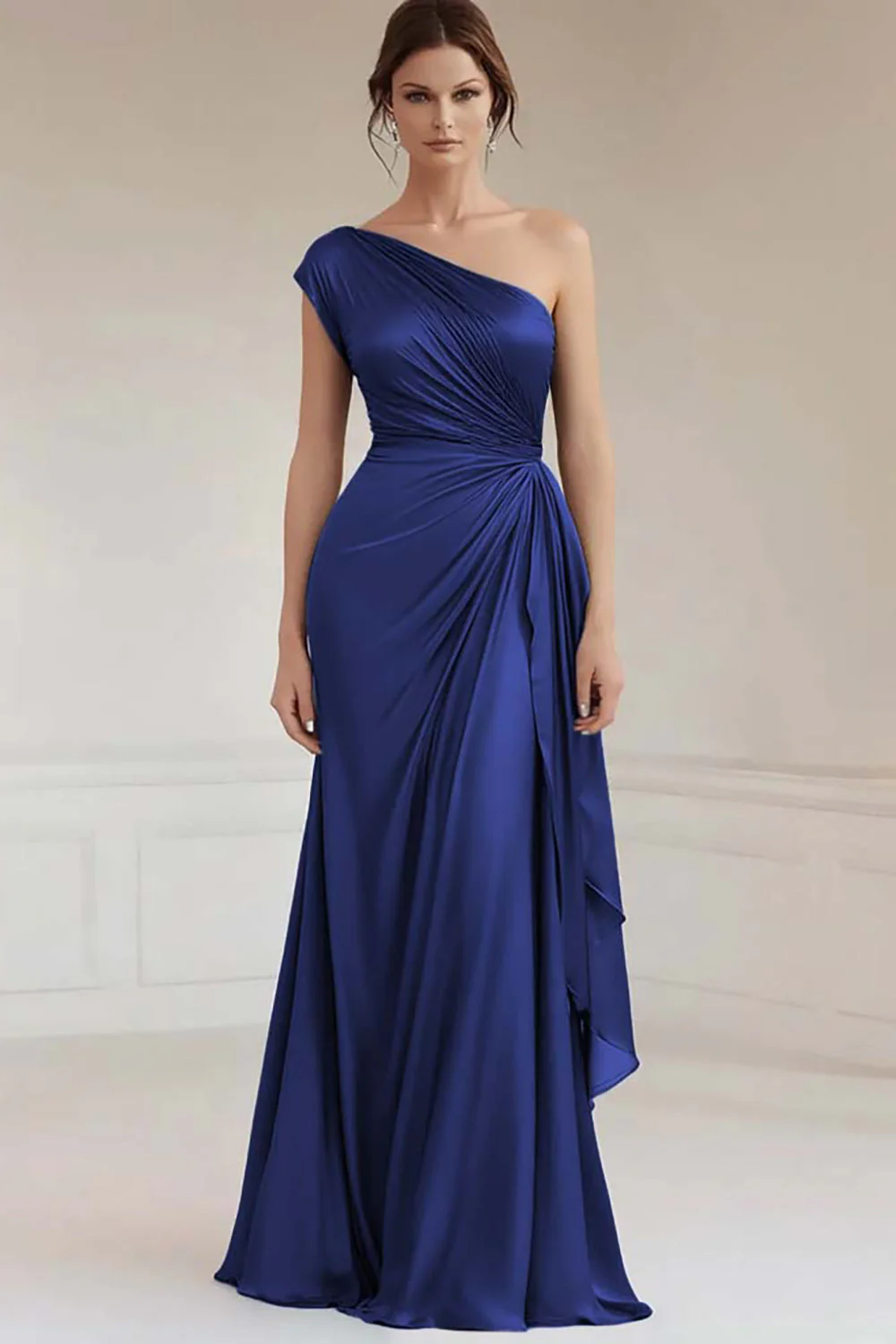 Grey Blue One Shoulder Sheath Long Ruched Formal Dress - VNBITS