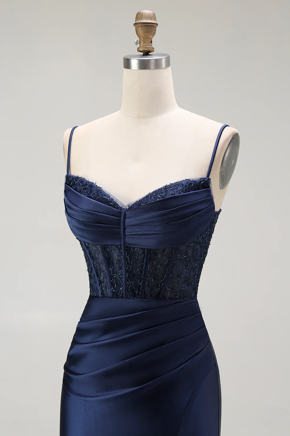 Sparkly Navy Satin Mermaid Long Corset Prom Dress with Beading - VNBITS