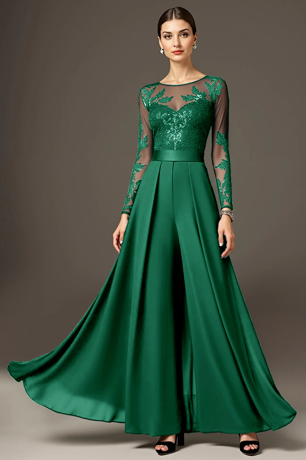 Black A Line Chiffon Long Mother of the Bride Jumpsuits with Lace - VNBITS