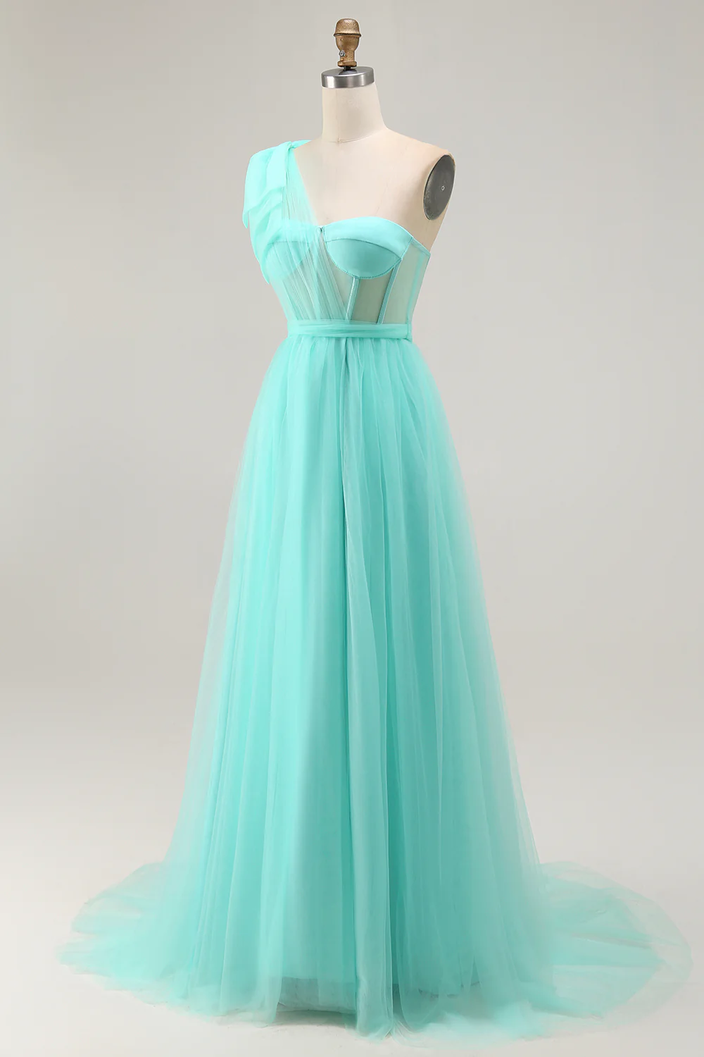 Mint Green Corset One Shoulder A Line Long Wedding Guest Dress with Slit - VNBITS